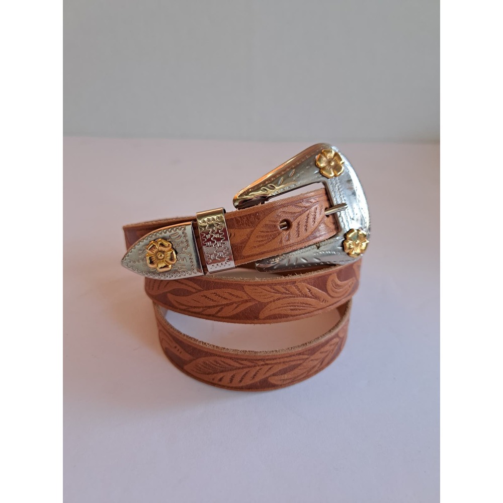 Tan Tooled Leather & Silver Belt Single Prong Silver Buckle Small Gold Detail